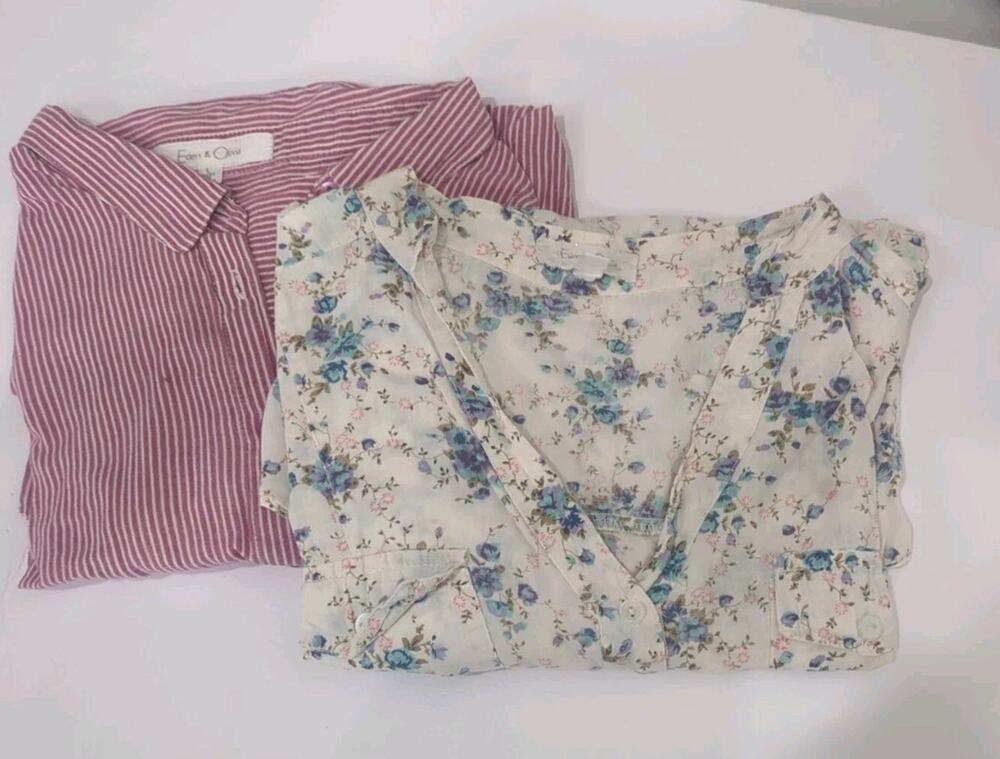 Lot Eden & Olivia Women's 100% Cotton Large Button Up Blouse Striped & Floral